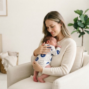 Body bebe din bumbac alb cu ursuleti albastri, maneca lunga si capse pe umar - Img 2