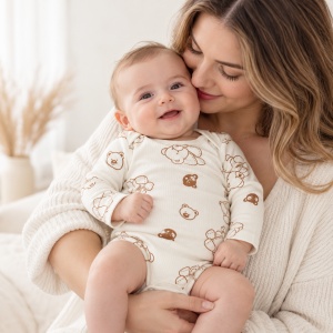 Body bebe din bumbac alb cu ursuleti maro, maneca lunga si capse pe umeri