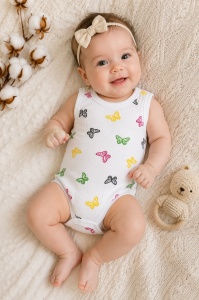 Body bebe fara maneci alb din bumbac reiat cu imprimeu fluturi colorati