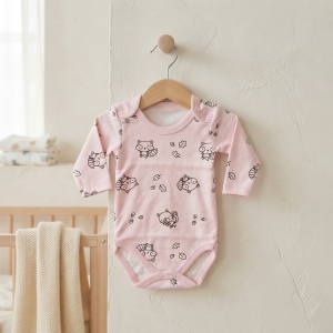 Body bebe roz cu maneca lunga si imprimeu ursuleti, prezentare in decor