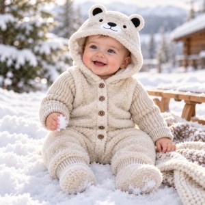 Combinezon bebe crem cu gluga ursulet, material pufos si maneci tricotate din lana