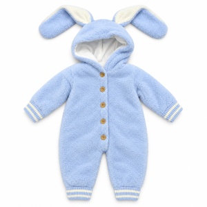 Combinezon bebe din blanita bleu captusit cu bumbac, gluga cu urechi - Img 4
