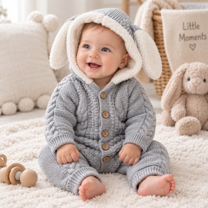 Combinezon bebe gri tricotat premium cu interior imblanit, gluga cu urechiuse si model impletit