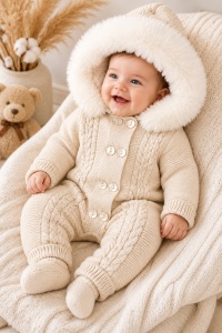Combinezon bebe iarna cu gluga si blanita tricotat gros crem unisex