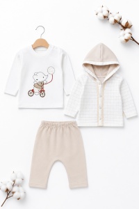 Compleu 3 piese bebelusi crem cu hanorac, bluza elefant si pantaloni - Img 2
