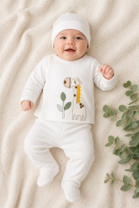 Compleu bebe alb cu caciulita si broderie girafa din bumbac ribat premium