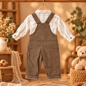 Compleu bebe baiat 2 piese din bumbac cu salopeta maro si camasa crem - Img 3