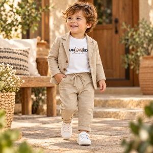 Compleu bebe baiat 3 piese din bumbac cu sacou si pantaloni bej