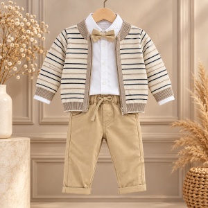 Compleu bebe baiat 4 piese, camasa, cardigan tricotat, pantaloni si papion, bej - Img 3