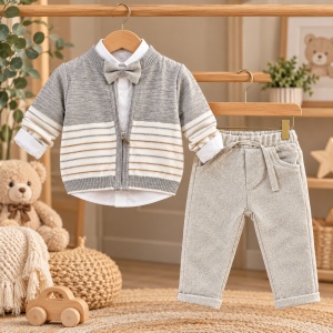 Compleu bebe baiat 4 piese, camasa, cardigan tricotat, pantaloni si papion, gri - Img 3