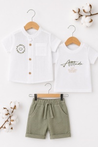 Compleu bebe baieti 3 piese cu camasa din muselina pantaloni verde salvie si tricou - Img 2