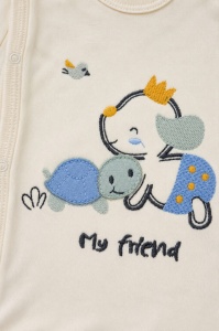 Compleu bebe bleu din bumbac cu caciulita si imprimeu my friend pentru baieti - Img 3