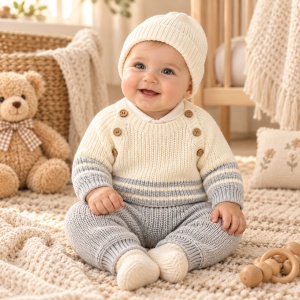 Compleu bebe din lana naturala cu pulover, pantaloni, body si caciulita, 4 piese crem gri