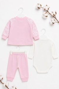 Compleu bebe fete 3 piese roz cu body floral si pantaloni din bumbac - Img 5