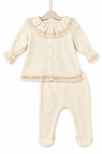 Compleu bebe fetita 3 piese crem cu dantela, pantaloni cu botosei si bentita - Img 4