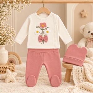 Compleu bebe fetita 3 piese din bumbac, bluza cu flori, pantaloni cu botosei si caciulita - Img 2