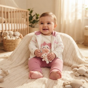 Compleu bebe fetita 3 piese din bumbac cu hanorac, body si pantaloni roz
