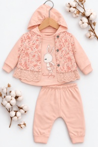 Compleu bebe fetita 3 piese din bumbac cu hanorac floral bluza iepuras si pantaloni, fotografie de produs pe fundal alb