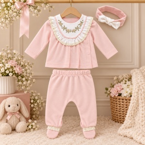 Compleu bebe fetita 3 piese roz piersica cu bluza brodata pantaloni cu botosei si bentita - Img 2