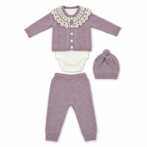 Compleu bebe fetita mov tricotat cu guler din dantela si pantaloni, fotografie de produs pe fundal alb