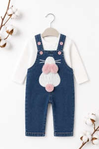 Compleu bebe fetita cu salopeta denim si bluza alba model iepuras - Img 3