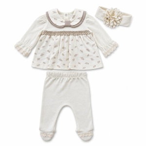 Compleu bebe fetita din bumbac cu bluza, pantaloni cu botosei si bentita, crem - Img 3