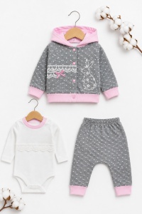 Compleu bebe fetite 3 piese cu hanorac roz gri body si pantaloni din bumbac - Img 3