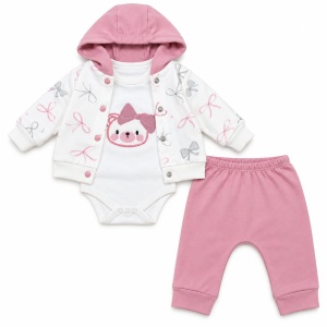 Compleu bebe fetite 3 piese din bumbac, body, hanorac cu fundite si pantaloni roz - Img 5