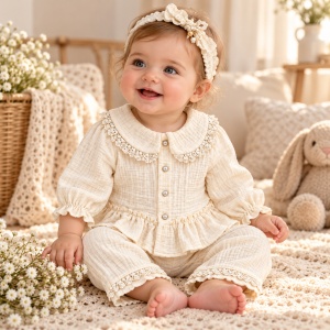 Compleu bebe fetite 3 piese din muselina, bluza cu dantela, pantaloni si bentita, crem