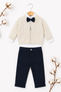 Compleu elegant bebe baieti 4 piese cu pantaloni bleumarin si papion - Img 3
