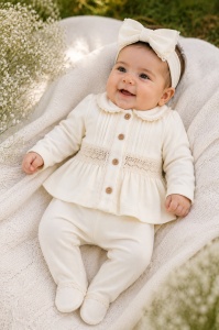Compleu elegant bebe fetita crem cu dantela si bentita 3 piese
