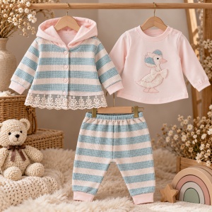 Compleu fetita 3 piese bumbac cu ratusca bluza roz jacheta cu dantela si pantaloni - Img 2