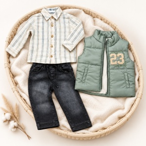 Costum baiat 3 piese cu vesta din fas, camasa din bumbac si blugi negri, prezentare in decor
