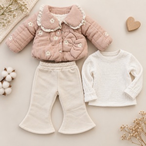Costum bebe 3 piese roz pudra cu geaca imblanita, bluza si pantaloni evazati, prezentare in decor