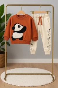 Costum bebe baiat 2 piese caramiziu crem cu panda aplicat si pantaloni imprimeu ursuleti - Img 3