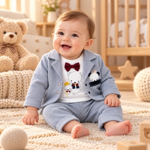 Costum bebe baiat 3 piese din bumbac, sacou, bluza cu maneca lunga si pantaloni, gri