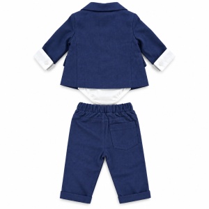 Costum bebe baiat bleumarin 3 piese sacou pantaloni body cu papion, fotografie de produs pe fundal alb