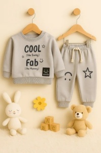 Costum bebe baiat gri 2 piese din bumbac bluza cool fab si pantaloni sport - Img 2