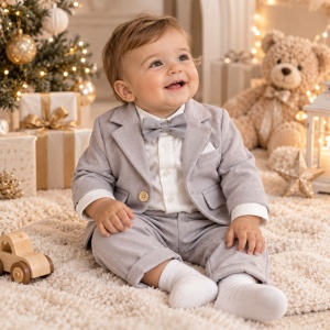 Costum bebe baiat gri perlat 3 piese cu sacou body camasa si pantaloni elegant
