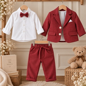 Costum bebe baiat rosu bordo 3 piese cu sacou camasa si pantaloni elegant, prezentare in decor