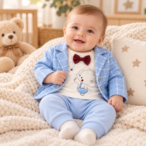 Costum bebe elegant din bumbac 3 piese cu sacou bleu in carouri, papion si pantaloni