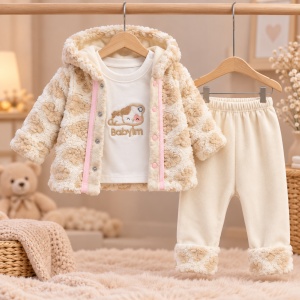 Costum bebe fetita 3 piese cu jacheta pufoasa, bluza si pantaloni crem cu detalii roz - Img 4