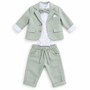 Costum ceremonie bebe baiat 3 piese verde salvie sacou body si papion, fotografie de produs pe fundal alb