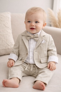 Costum elegant baieti 4 piese bej sacou pantaloni camasa papion premium