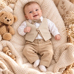 Costum elegant bebe baiat 4 piese, camasa, vesta, pantaloni si papion, bumbac, bej