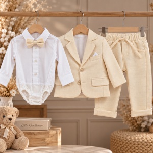 Costum elegant bebe baieti 3 piese ivoire cu sacou, pantaloni si body cu papion, prezentare in decor