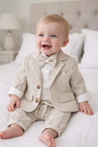 Costum elegant bebe crem 4 piese sacou body pantaloni papion botez