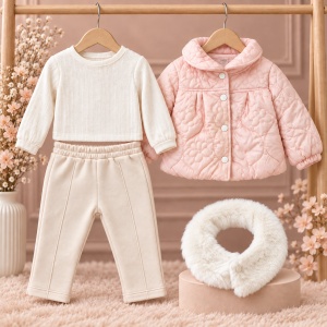 Costum fetita 3 piese roz cu geaca matlasata si guler din blanita detasabila, prezentare in decor