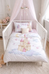 Lenjerie patut bebe fetite 3 piese bumbac 100% set patut copii cu husa pilota, cearsaf, fata perna castel