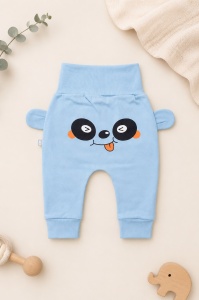 Pantaloni bebe albastri din bumbac cu ursulet si urechi decorative pentru baietei - Img 4